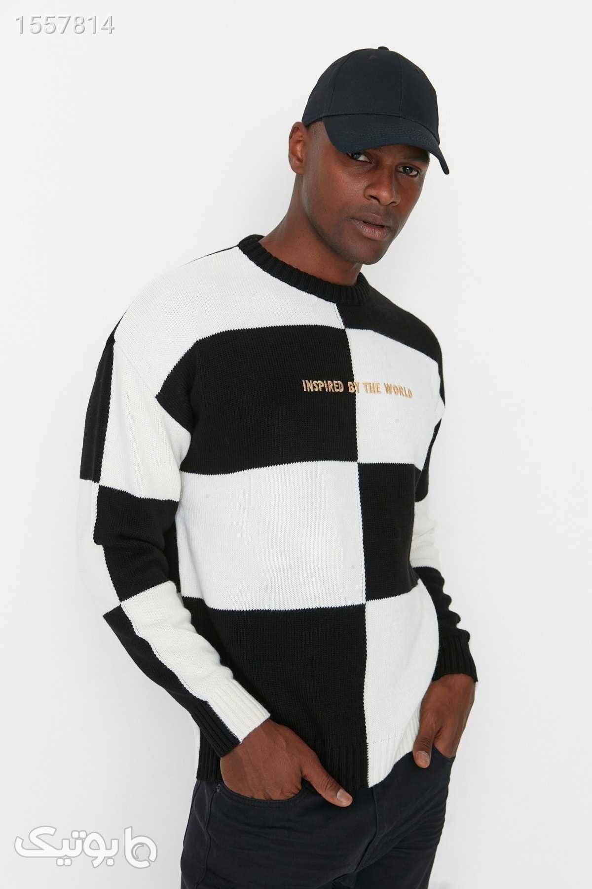 پلیور بافتنی قالب گشاد قلاب دوزی شده رنگ مردانه مشکی برند TRENDYOL