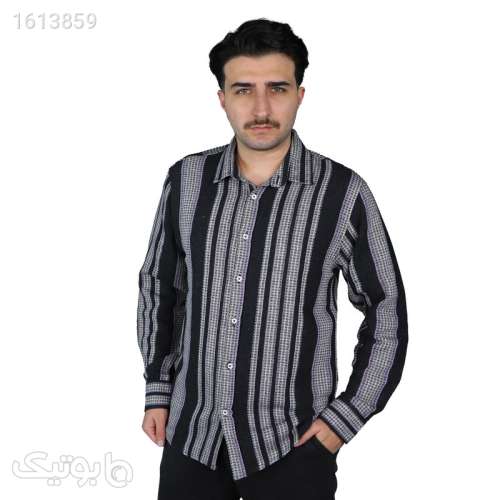 پیراهن آستین بلند یقه برگردان مردانه مدل کنفی خطی کد 495112 رنگ ذغالی طوسی 04 2025