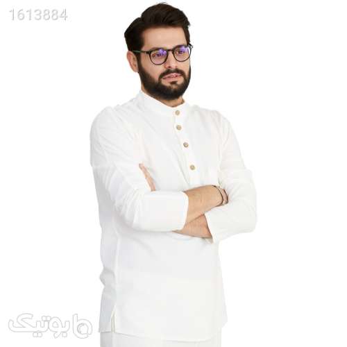 پیراهن مردانه یقه ایستاده مدل چهار دکمه رنگ سفید سفید 04 2025
